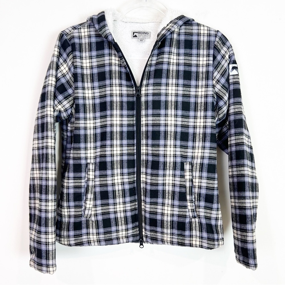 RIDING SPORT NAVY PLAID EQUESTRIAN LANCASTER SHERPA FLANNEL JACKET WOMENS SZ XS
